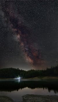 Stunning view of the Milky Way galaxy over a tranquil lake in Umbria, Italy at night.